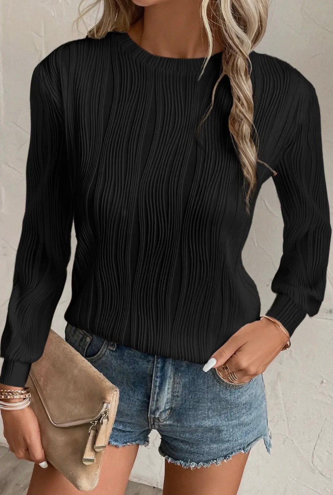 Textured Wavy Round Neck Long Sleeve Top