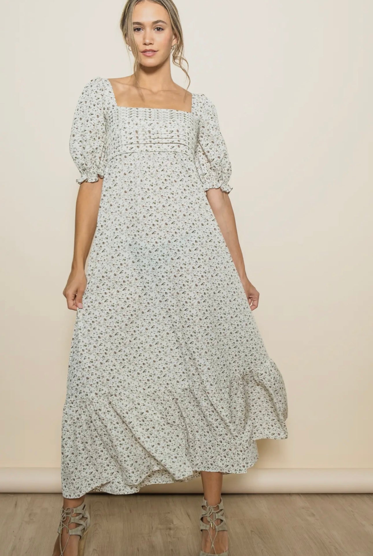 Ruching Pleated Floral Maxi Dress
