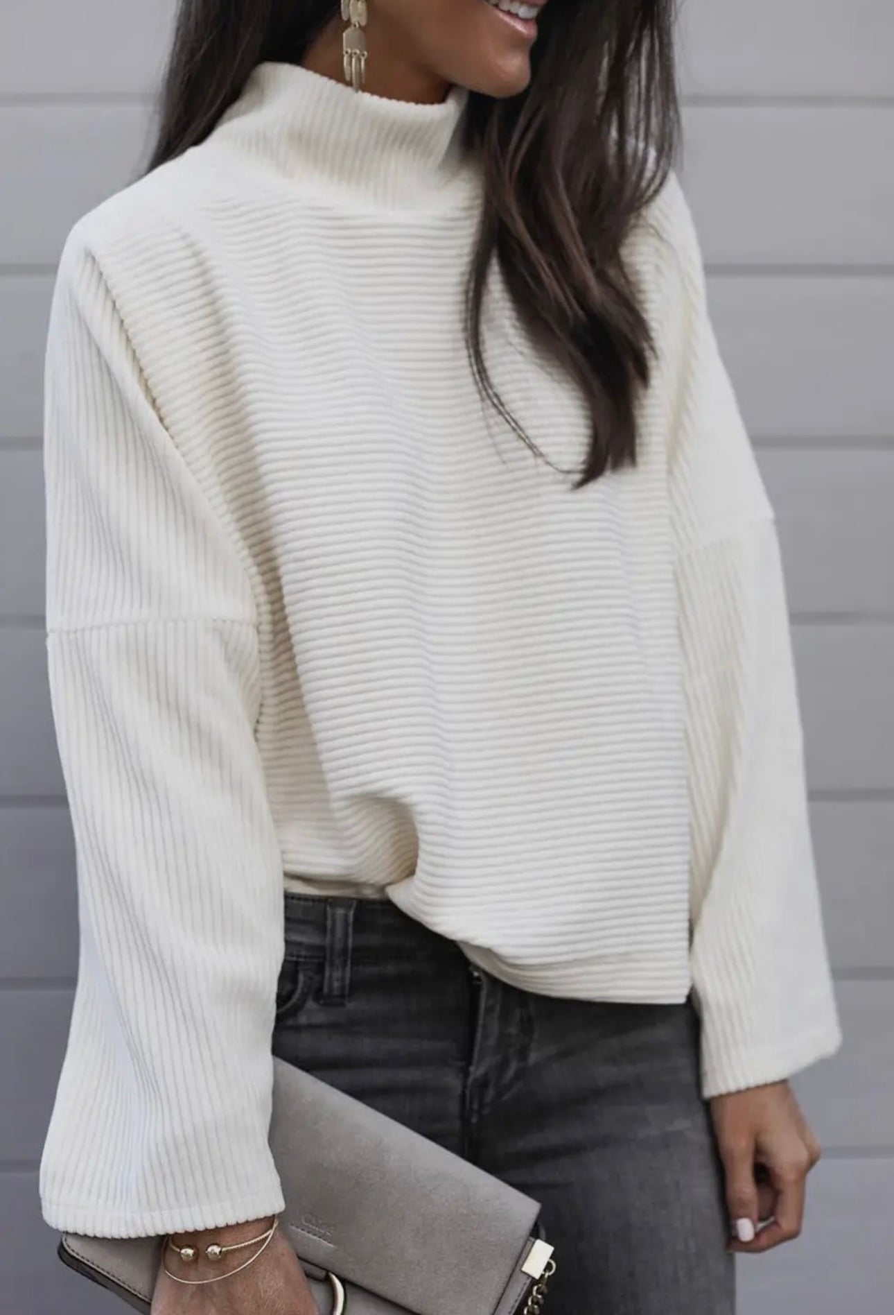 Snow White Ribbed High Neck Loose Top
